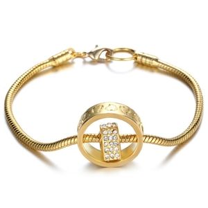 SWAROVSKI® CRYSTALS HEART IN CIRCLE SNAKE BRACELET 14K GOLD OVERLAY